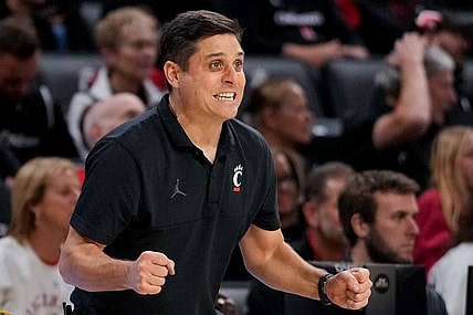 Cincinnati Bearcats head coach Wes Miller shouts to his defense in the second half of the NCAA men   s basketball exhibition game between the Cincinnati Bearcats and the Detroit Mercy Titans at Fifth Third Arena in Cincinnati on Friday, Nov. 10, 2023. The Bearcats won 93-61.