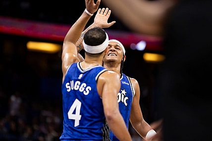 Nov 11, 2023; Orlando, Florida, USA; Orlando Magic forward Paolo Banchero (5) and Orlando Magic guard Jalen Suggs (4) celebrate during the second half against the Milwaukee Bucks at Amway Center. Mandatory Credit: Matt Pendleton-USA TODAY Sports