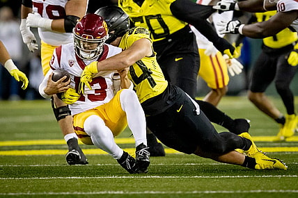 Oregon outside linebacker Teitum Tuioti sacks USC quarterback Caleb Williams as the No. 6 Oregon Ducks host the USC Trojans Saturday, Nov. 11, 2023, at Autzen Stadium in Eugene, Ore.
