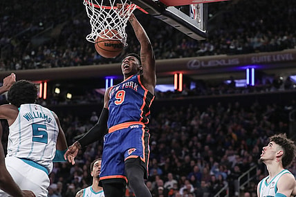 Nov 12, 2023; New York, New York, USA;  New York Knicks guard RJ Barrett (9) dunks in the second quarter against the Charlotte Hornets at Madison Square Garden. Mandatory Credit: Wendell Cruz-USA TODAY Sports