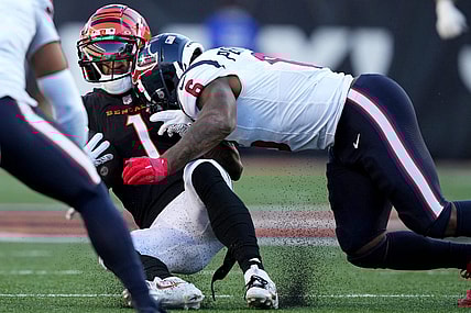 Houston Texans linebacker Denzel Perryman (6) is penalized for unnecessary roughness after hitting Cincinnati Bengals wide receiver Ja'Marr Chase (1) in the fourth quarter of a Week 10 NFL football game between the Houston Texans and the Cincinnati Bengals, Sunday, Nov. 12, 2023, at Paycor Stadium in Cincinnati. The Houston Texans won, 30-27.