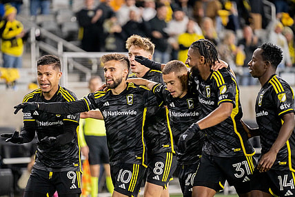 Nov 12, 2023; Columbus, Ohio, USA;
Columbus Crew celebrates after their fourth goal during their game against the Atlanta United in game three of their series on Sunday, Nov. 12, 2023 at Lower.com Field.