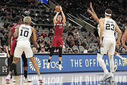 Nov 12, 2023; San Antonio, Texas, USA; Miami Heat guard Duncan Robinson (55) shoots during the second half against the San Antonio Spurs at Frost Bank Center. Mandatory Credit: Scott Wachter-USA TODAY Sports