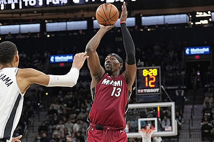 Nov 12, 2023; San Antonio, Texas, USA; Miami Heat center Bam Adebayo (13) shoots during the second half against the San Antonio Spurs at Frost Bank Center. Mandatory Credit: Scott Wachter-USA TODAY Sports