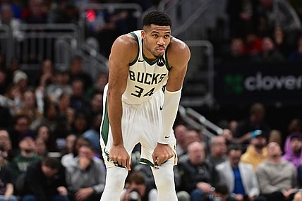 Nov 13, 2023; Milwaukee, Wisconsin, USA; Milwaukee Bucks forward Giannis Antetokounmpo (34) looks on during a timeout in the fourth quarter against the Chicago Bulls at Fiserv Forum. Mandatory Credit: Benny Sieu-USA TODAY Sports