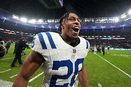 Nov 12, 2023; Frankfurt, Germany; Indianapolis Colts running back Jonathan Taylor (28) celebrates after an NFL International Series game against the New England Patriots at Deutsche Bank Park. Mandatory Credit: Kirby Lee-USA TODAY Sports