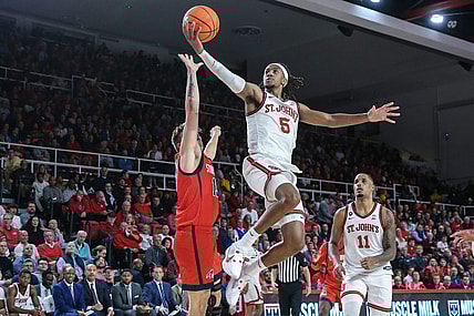 Nov 7, 2023; Queens, New York, USA;  St. John's Red Storm guard Daniss Jenkins (5) at Carnesecca Arena. Mandatory Credit: Wendell Cruz-USA TODAY Sports