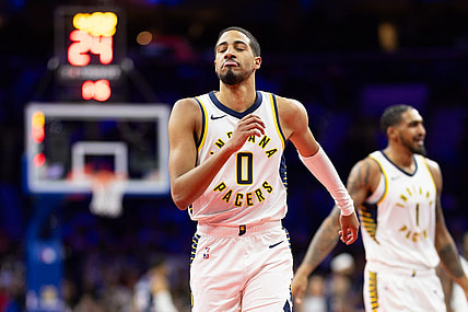 Nov 14, 2023; Philadelphia, Pennsylvania, USA; Indiana Pacers guard Tyrese Haliburton (0) reacts to his three point score against the Philadelphia 76ers during the second quarter at Wells Fargo Center. Mandatory Credit: Bill Streicher-USA TODAY Sports