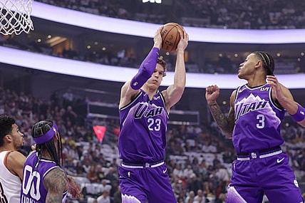 Nov 14, 2023; Salt Lake City, Utah, USA; Utah Jazz forward Lauri Markkanen (23) grabs the rebound during the first quarter against the Portland Trail Blazers at Delta Center. Mandatory Credit: Chris Nicoll-USA TODAY Sports