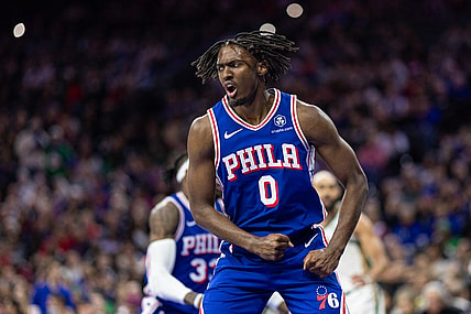 Nov 15, 2023; Philadelphia, Pennsylvania, USA; Philadelphia 76ers guard Tyrese Maxey (0) reacts after his score and one against the Boston Celtics during the third quarter at Wells Fargo Center. Mandatory Credit: Bill Streicher-USA TODAY Sports