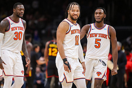 Nov 15, 2023; Atlanta, Georgia, USA; New York Knicks guard Jalen Brunson (11) reacts after a basket against the Atlanta Hawks in the second half at State Farm Arena. Mandatory Credit: Brett Davis-USA TODAY Sports