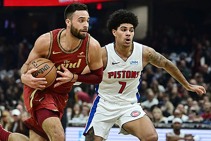 Nov 17, 2023; Cleveland, Ohio, USA; Cleveland Cavaliers guard Max Strus (1) drives to the basket against Detroit Pistons guard Killian Hayes (7) during the first half at Rocket Mortgage FieldHouse. Mandatory Credit: Ken Blaze-USA TODAY Sports
