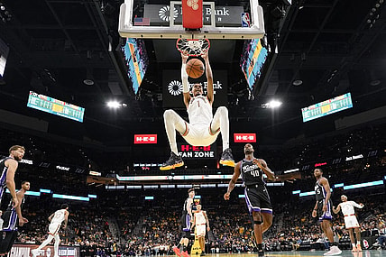 Nov 17, 2023; San Antonio, Texas, USA; San Antonio Spurs forward Victor Wembanyama (1) dunks during the first half against the Sacramento Kings at Frost Bank Center. Mandatory Credit: Scott Wachter-USA TODAY Sports