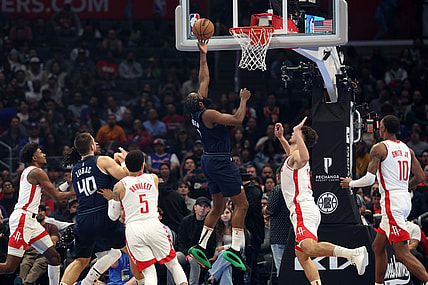 Nov 17, 2023; Los Angeles, California, USA;  L.A. Clippers guard James Harden (1) drives to the basket during the first quarter against the Houston Rockets at Crypto.com Arena. Mandatory Credit: Kiyoshi Mio-USA TODAY Sports