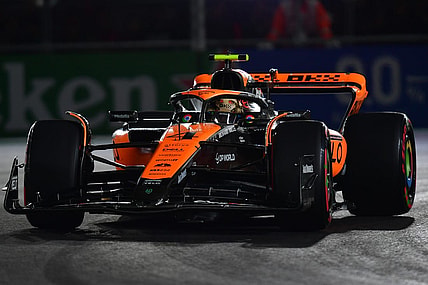 Nov 17, 2023; Las Vegas, Nevada, USA; McLaren F1 Team driver Lando Norris of Great Britain (4) during qualifying at Las Vegas Strip Circuit. Mandatory Credit: Gary A. Vasquez-USA TODAY Sports