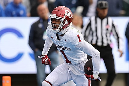 Nov 18, 2023; Provo, Utah, USA; Oklahoma Sooners wide receiver Jayden Gibson (1) reacts to a play against the Brigham Young Cougars in the first quarter at LaVell Edwards Stadium. Mandatory Credit: Rob Gray-USA TODAY Sports