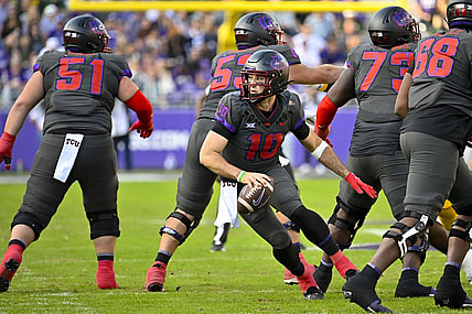 Nov 18, 2023; Fort Worth, Texas, USA; TCU Horned Frogs quarterback Josh Hoover (10) runs with the ball against the Baylor Bears during the first half at Amon G. Carter Stadium. Mandatory Credit: Jerome Miron-USA TODAY Sports