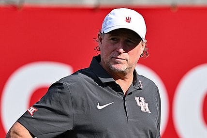 Nov 18, 2023; Houston, Texas, USA; Houston Cougars head coach Dana Holgorsen looks on prior to the game against the Oklahoma State Cowboys at TDECU Stadium. Mandatory Credit: Maria Lysaker-USA TODAY Sports