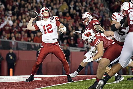 Nov 18, 2023; Madison, Wisconsin, USA;  Nebraska Cornhuskers quarterback Chubba Purdy (12) throws a pass during the first quarter against the Wisconsin Badgers at Camp Randall Stadium. Mandatory Credit: Jeff Hanisch-USA TODAY Sports