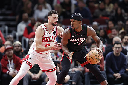 Nov 20, 2023; Chicago, Illinois, USA; Chicago Bulls guard Zach LaVine (8) defends against Miami Heat forward Jimmy Butler (22) during the first half at United Center. Mandatory Credit: Kamil Krzaczynski-USA TODAY Sports