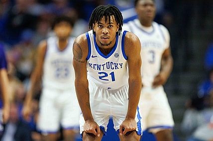 Nov 17, 2023; Lexington, Kentucky, USA; Kentucky Wildcats guard D.J. Wagner (21) during the second half against the Stonehill Skyhawks at Rupp Arena at Central Bank Center. Mandatory Credit: Jordan Prather-USA TODAY Sports
