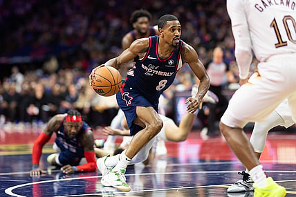 Nov 21, 2023; Philadelphia, Pennsylvania, USA; Philadelphia 76ers guard De'Anthony Melton (8) dribbles the ball against the Cleveland Cavaliers during the third quarter at Wells Fargo Center. Mandatory Credit: Bill Streicher-USA TODAY Sports