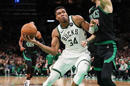 Nov 22, 2023; Boston, Massachusetts, USA; Milwaukee Bucks forward Giannis Antetokounmpo (34) drives to the basket during the second half against the Boston Celtics at TD Garden. Mandatory Credit: Paul Rutherford-USA TODAY Sports