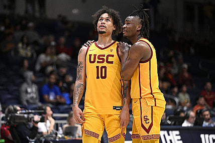 Nov 23, 2023; La Jolla, California, USA; USC Trojans forward DJ Rodman (10) and guard Isaiah Collier (1) embrace during the second half against the Seton Hall Pirates at LionTree Arena. Mandatory Credit: Orlando Ramirez-USA TODAY Sports