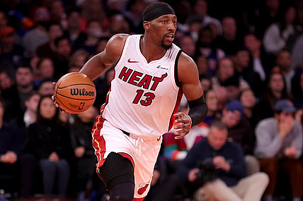 Nov 24, 2023; New York, New York, USA; Miami Heat center Bam Adebayo (13) brings the ball up court against the New York Knicks during the first quarter at Madison Square Garden. Mandatory Credit: Brad Penner-USA TODAY Sports