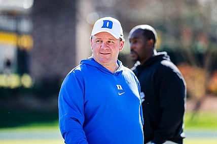 Nov 25, 2023; Durham, North Carolina, USA; Duke Blue Devils head coach Mike Elko looks on before the first half of the game against Pittsburgh Panthers at Wallace Wade Stadium. Mandatory Credit: Jaylynn Nash-USA TODAY Sports