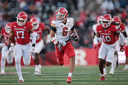 Nov 25, 2023; Piscataway, New Jersey, USA; Maryland Terrapins wide receiver Jeshaun Jones (6) gains yards after a catch during the first half as Rutgers Scarlet Knights linebacker Deion Jennings (17) and defensive back Flip Dixon (10) pursues at SHI Stadium. Mandatory Credit: Vincent Carchietta-USA TODAY Sports