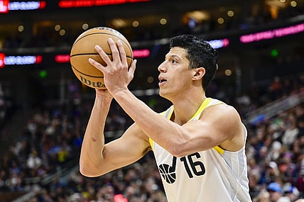 Nov 25, 2023; Salt Lake City, Utah, USA; Utah Jazz forward Simone Fontecchio (16) shoots the ball against the New Orleans Pelicans during the first half at Delta Center. Mandatory Credit: Christopher Creveling-USA TODAY Sports