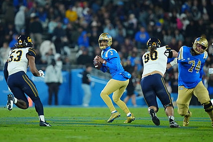 Nov 25, 2023; Pasadena, California, USA; UCLA Bruins quarterback Dante Moore (3) throws the ball against the California Golden Bears in the first half at Rose Bowl. Mandatory Credit: Kirby Lee-USA TODAY Sports