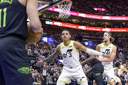 Nov 25, 2023; Salt Lake City, Utah, USA; New Orleans Pelicans guard Dyson Daniels (11) passes the ball from the baseline against Utah Jazz guard Keyonte George (3) during the second half at Delta Center. Mandatory Credit: Christopher Creveling-USA TODAY Sports