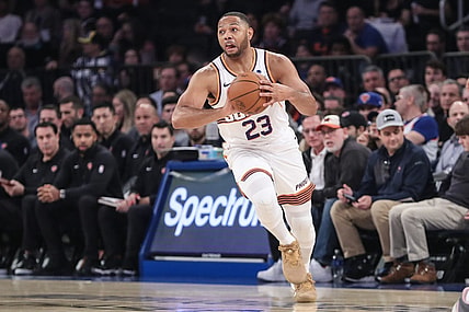 Nov 26, 2023; New York, New York, USA; Phoenix Suns guard Eric Gordon (23) looks to make a pass in the first quarter against the New York Knicks at Madison Square Garden. Mandatory Credit: Wendell Cruz-USA TODAY Sports