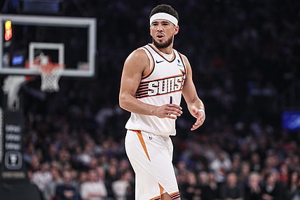 Nov 26, 2023; New York, New York, USA; Phoenix Suns guard Devin Booker (1) argues over a call in the first quarter against the New York Knicks at Madison Square Garden. Mandatory Credit: Wendell Cruz-USA TODAY Sports