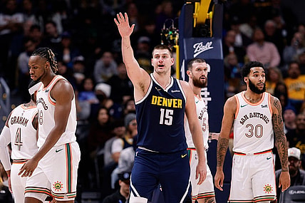 Nov 26, 2023; Denver, Colorado, USA; Denver Nuggets center Nikola Jokic (15) in the fourth quarter against the San Antonio Spurs at Ball Arena. Mandatory Credit: Isaiah J. Downing-USA TODAY Sports