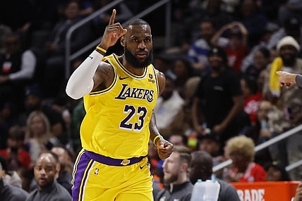 Nov 29, 2023; Detroit, Michigan, USA; Los Angeles Lakers forward LeBron James (23) celebrates in the second half against the Detroit Pistons at Little Caesars Arena. Mandatory Credit: Rick Osentoski-USA TODAY Sports