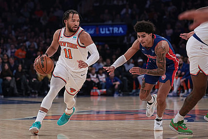 Nov 30, 2023; New York, New York, USA; New York Knicks guard Jalen Brunson (11) dribbles as Detroit Pistons guard Killian Hayes (7) defends during the first half at Madison Square Garden. Mandatory Credit: Vincent Carchietta-USA TODAY Sports