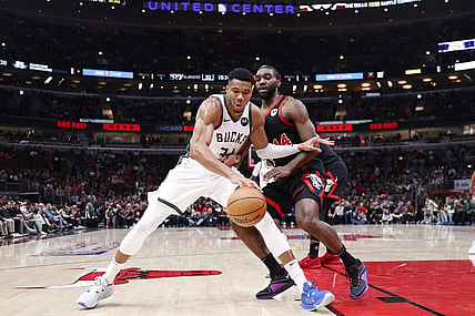 Nov 30, 2023; Chicago, Illinois, USA; Milwaukee Bucks forward Giannis Antetokounmpo (34) drives to the basket against Chicago Bulls forward Patrick Williams (44) during the first half at United Center. Mandatory Credit: Kamil Krzaczynski-USA TODAY Sports