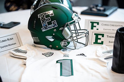Eastern Michigan football helmet during the MAC football media day at Ford Field on Tuesday, July 20, 2021.