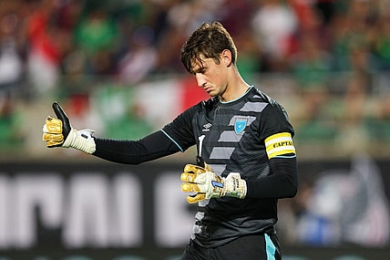 Apr 27, 2022; Orlando, FL, USA; Guatemala goalkeeper Nicholas Hagen (1) reacts after a missed free kick attempt during a match against Mexico at Camping World Stadium. Mandatory Credit: Nathan Ray Seebeck-USA TODAY Sports