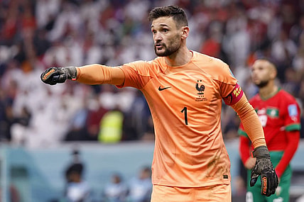 Dec 14, 2022; Al Khor, Qatar; France goalkeeper Hugo Lloris (1) gestures against Morocco during the first half of a semifinal match during the 2022 World Cup at Al Bayt Stadium. Mandatory Credit: Yukihito Taguchi-USA TODAY Sports