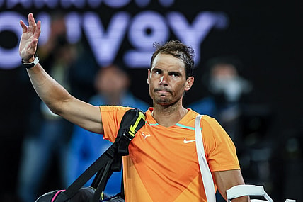 Jan 18, 2023; Melbourne, VICTORIA, Australia; Rafael Nadal after his second round match against Mackenzie Mcdonald on day three of the 2023 Australian Open tennis tournament at Melbourne Park. Mandatory Credit: Mike Frey-USA TODAY Sports