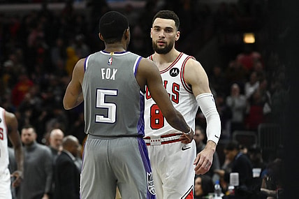 Mar 15, 2023; Chicago, Illinois, USA; Sacramento Kings guard De'Aaron Fox (5) and Chicago Bulls guard Zach LaVine (8) talk after the game at the United Center. Mandatory Credit: Matt Marton-USA TODAY Sports