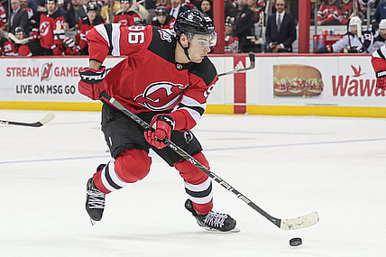 Apr 6, 2023; Newark, New Jersey, USA; New Jersey Devils right wing Timo Meier (96) skates with the puck during the third period against the Columbus Blue Jackets at Prudential Center. Mandatory Credit: Vincent Carchietta-USA TODAY Sports