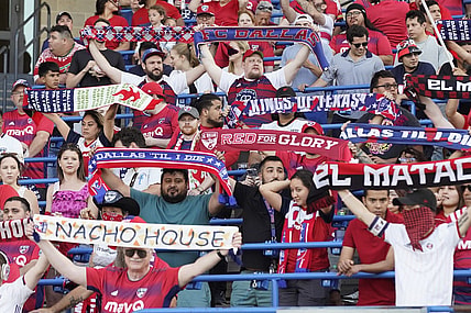 Apr 15, 2023; Frisco, Texas, USA; FC Dallas fans are seen supporting the team at Toyota Stadium. Mandatory Credit: Raymond Carlin III-USA TODAY Sports