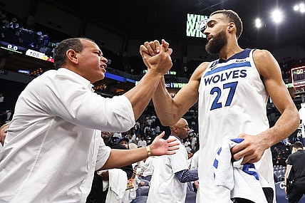Apr 23, 2023; Minneapolis, Minnesota, USA; Minnesota Timberwolves center Rudy Gobert (27) and owner Alex Rodriguez celebrate after the win of game four of the 2023 NBA Playoffs against the Denver Nuggets at Target Center. Mandatory Credit: Matt Krohn-USA TODAY Sports