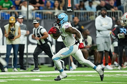 May 13, 2023; San Antonio, TX, USA;  Arlington Renegades running back Leddie Brown (26) runs for a score in the second half against the DC Defenders at the Alamodome. Mandatory Credit: Daniel Dunn-USA TODAY Sports