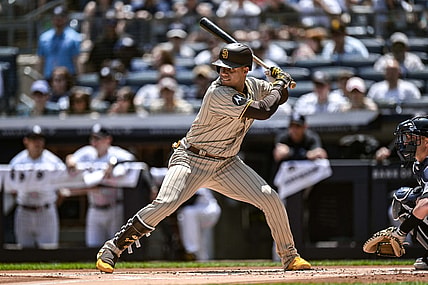 San Diego Padres left fielder Juan Soto (22) at bat against the New York Yankees at Yankee Stadium. Mandatory Credit: John Jones-USA TODAY Sports